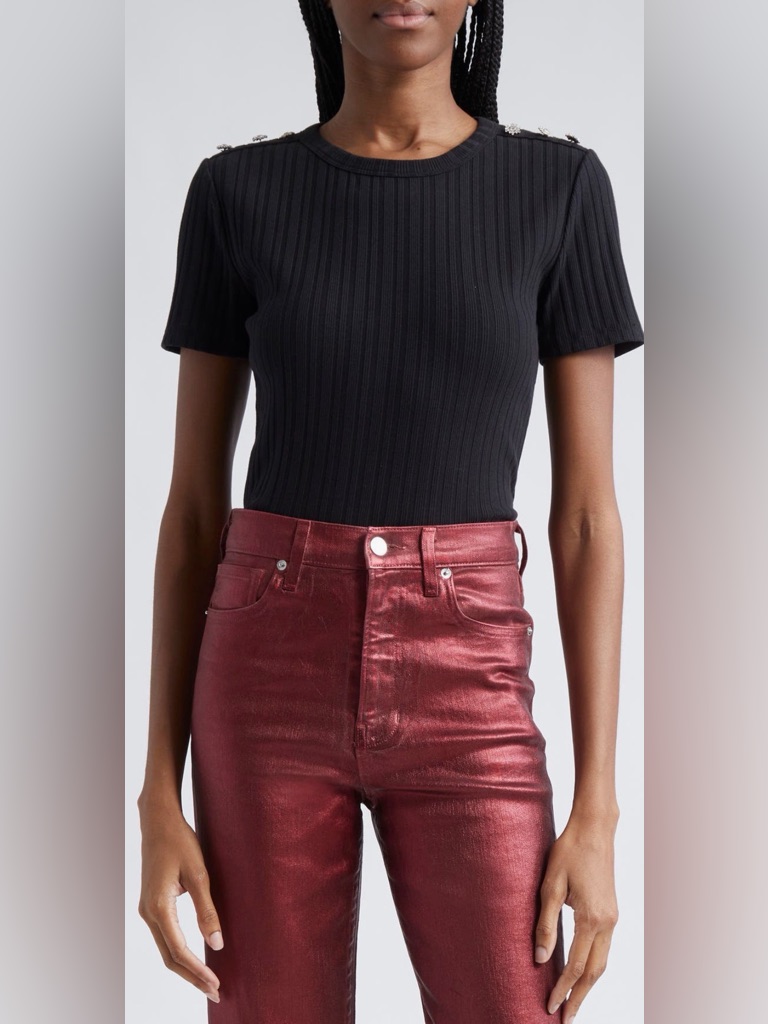 Veronica Beard Draya Rhinestone Button Detail Rib Stretch Top